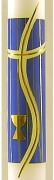 Kommunionkerze 400 x 40 mm, handverziert blau-gold, mit Kreuz und Kelch in gold
