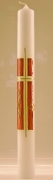 Taufkerze 400 x 40 mm, Wachsauflage bordeaux-gold mit Kreuz, Fisch und Wellen in gold