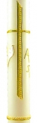 Taufkerze 400 x 40 mm, Kreuz in apricot-gold mit Taube und Alpha und Omega