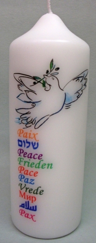 Friedenskerze, Stumpenkerze mit Spruch, Spruchkerze, Kerze mit Motiv